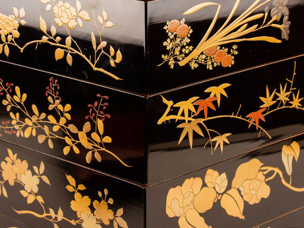 流】時代漆器 黒塗図替蒔絵五段重箱 箱付 CX562 文化遺産