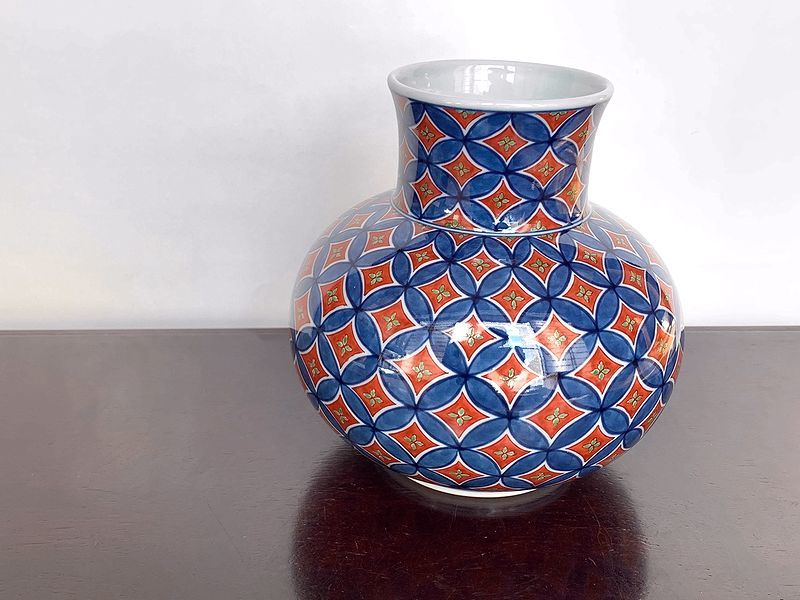 送料740円～ 有田焼 源右衛門 染錦七宝紋 花瓶 花器 古伊万里 古美術 (初代