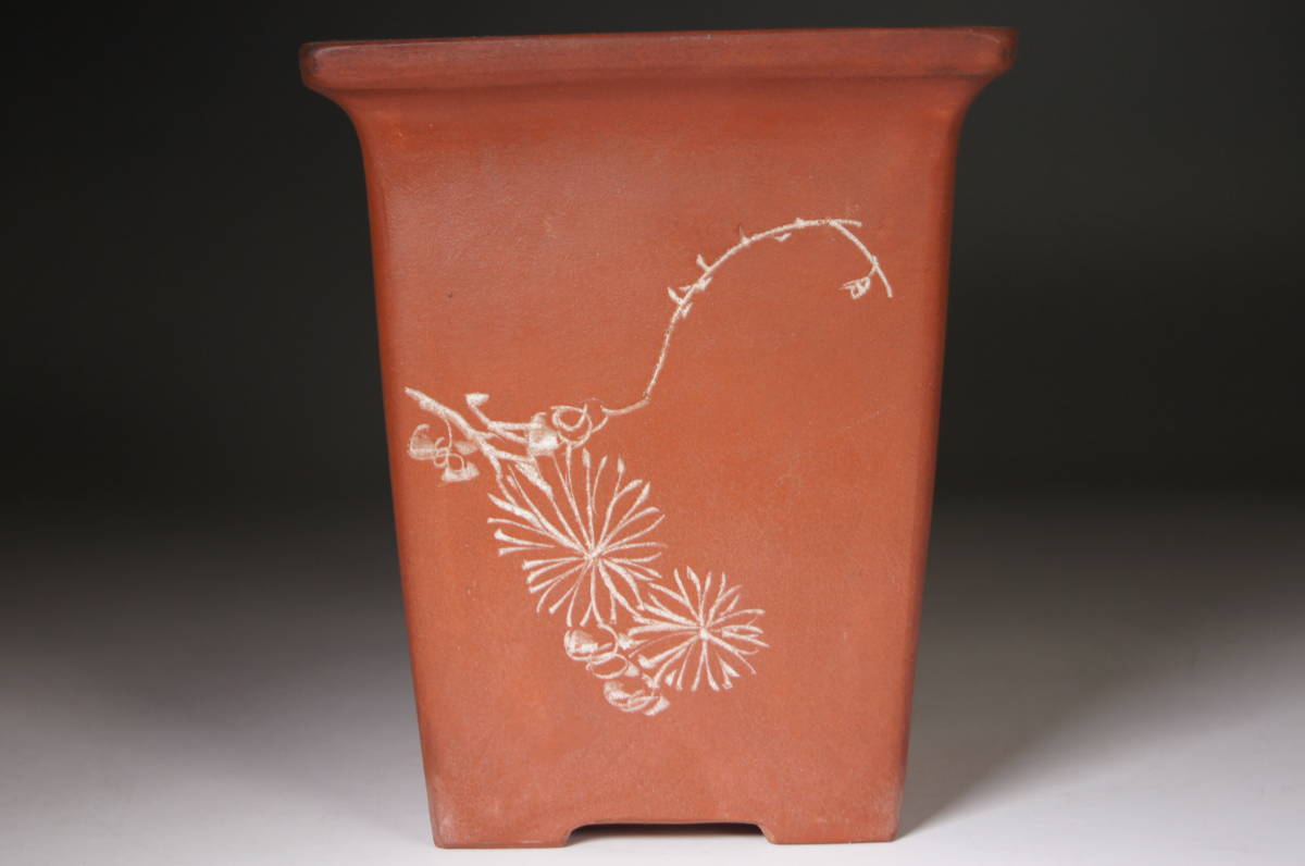 中国美術 宜興 朱泥 漢詩 梅彫 四方盆栽鉢 植木鉢 朱泥方鉢