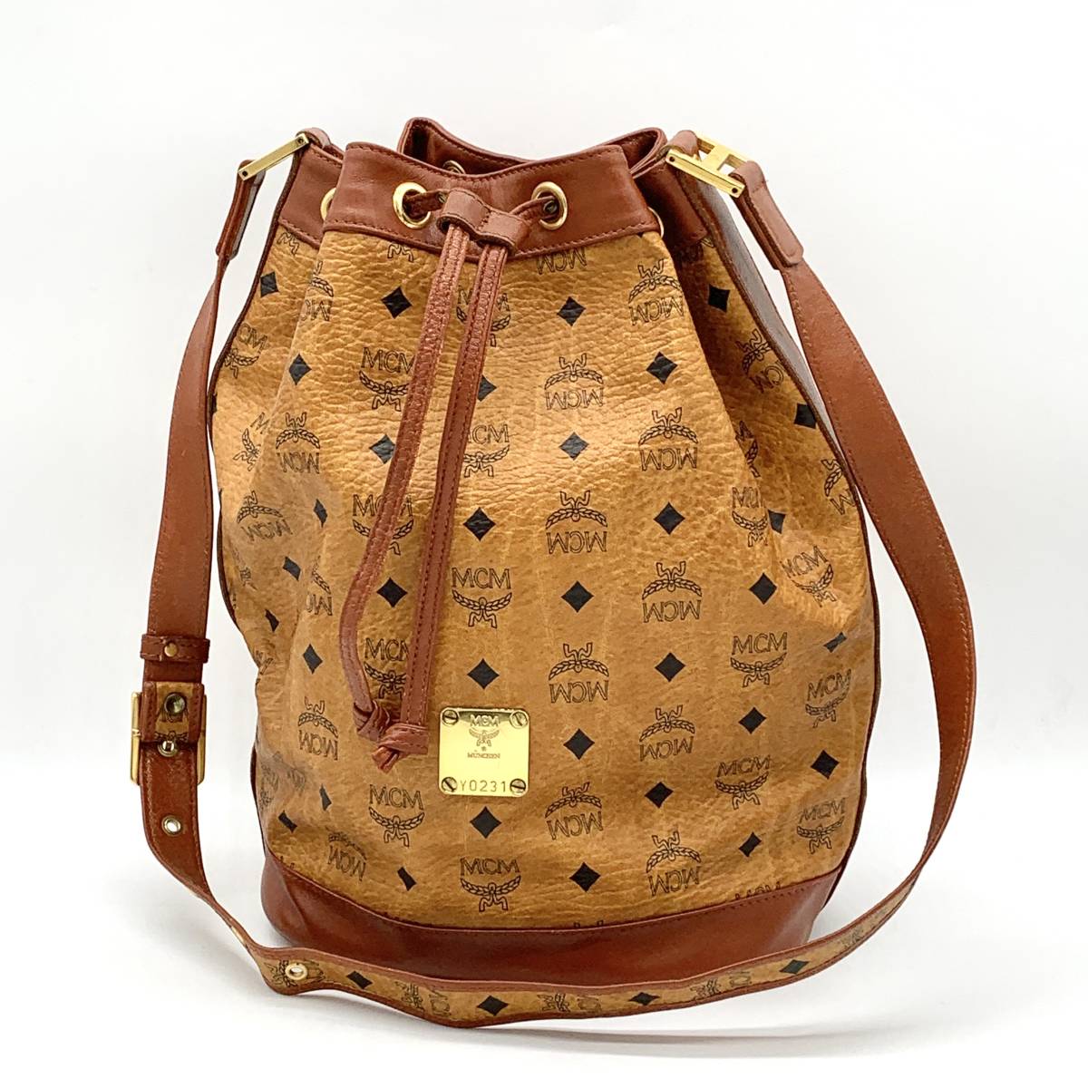 1円 美品 MCM エムシーエム レザー ブラウン 巾着ショルダー