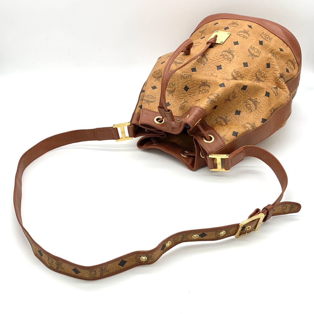 1円 美品 MCM エムシーエム レザー ブラウン 巾着ショルダー