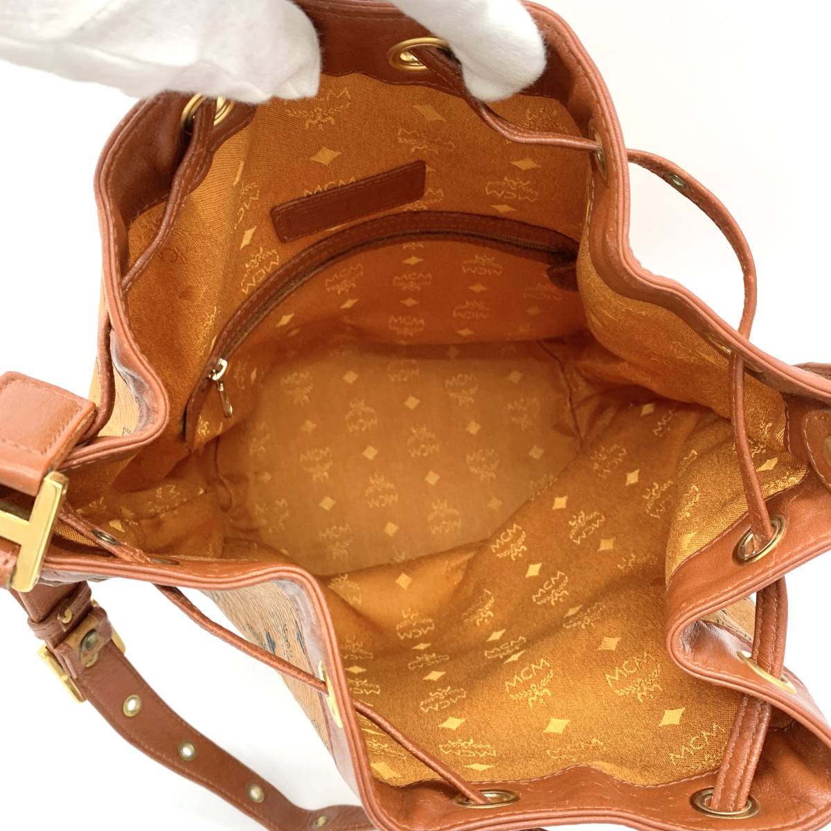 1円 美品 MCM エムシーエム レザー ブラウン 巾着ショルダー