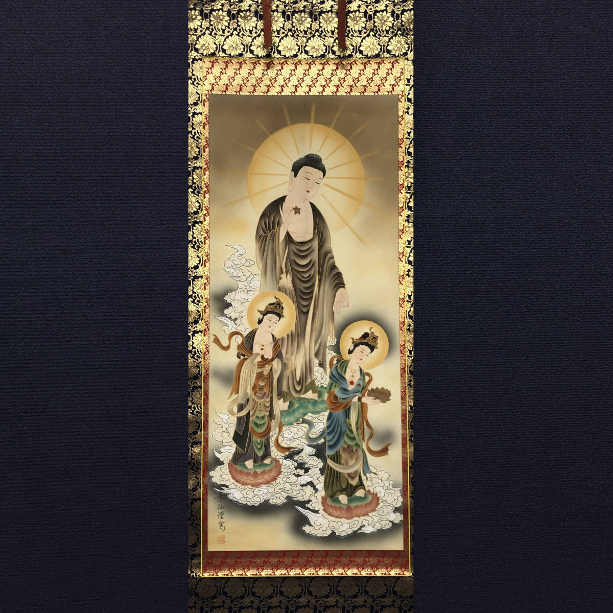 美品 掛け軸 福田素仙作 金地 三尊佛 共箱 仏画 仏教美術 年中掛け 共箱 掛け軸 仏画 仏教美術 - 三尊佛 美品 福田素仙作 絹本