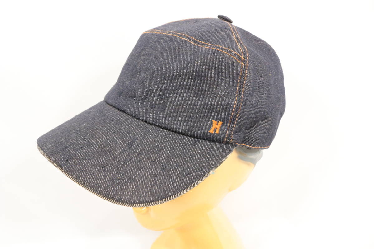 3C2112【本物保証】エルメス キャップ デニム ネイビー ブルー H 刺繍 オレンジ セリエ ボタン 帽子 ハット HERMES