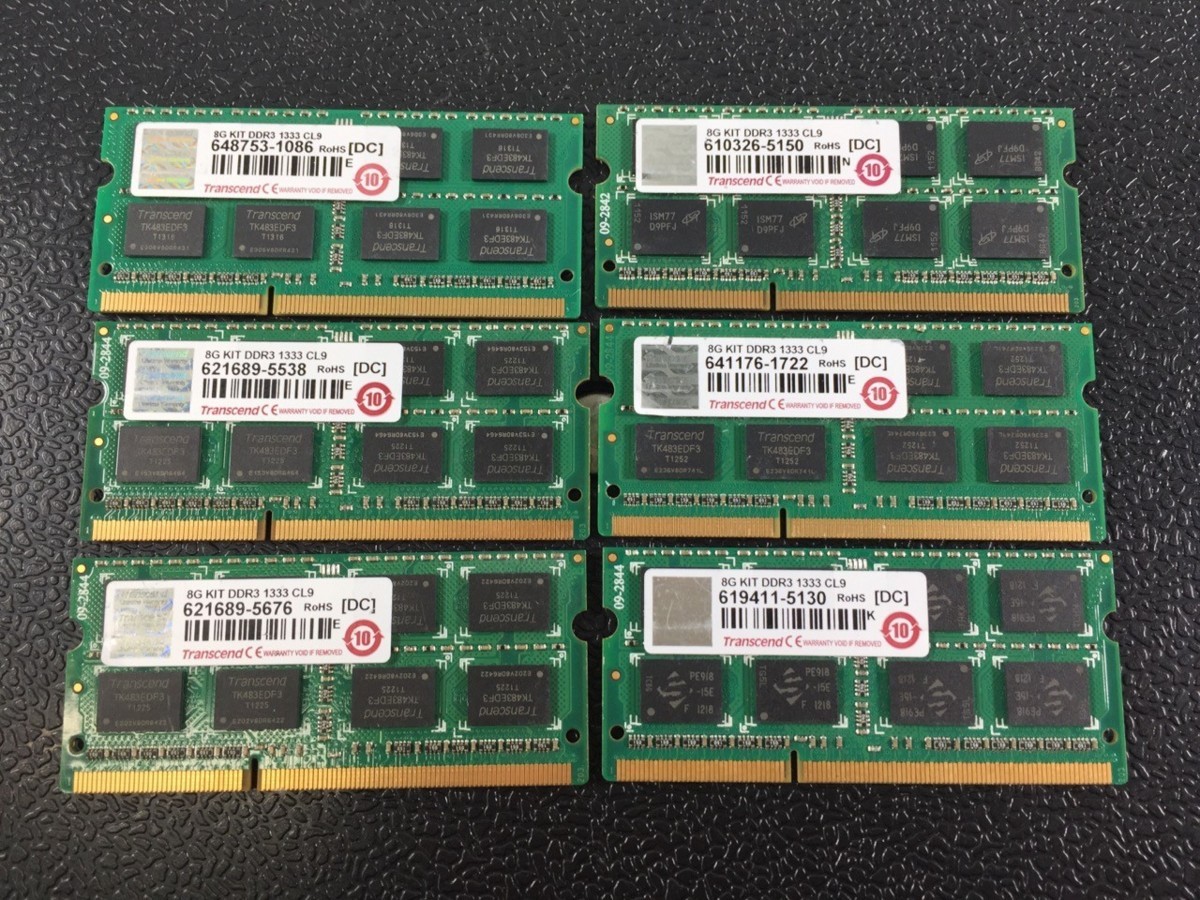 ♪▲【BIOS認識済 Transcend トランセンド】ノートPC用メモリー 8GB 6枚セット 0406 ⑬ KITDDR3 1333 CL9