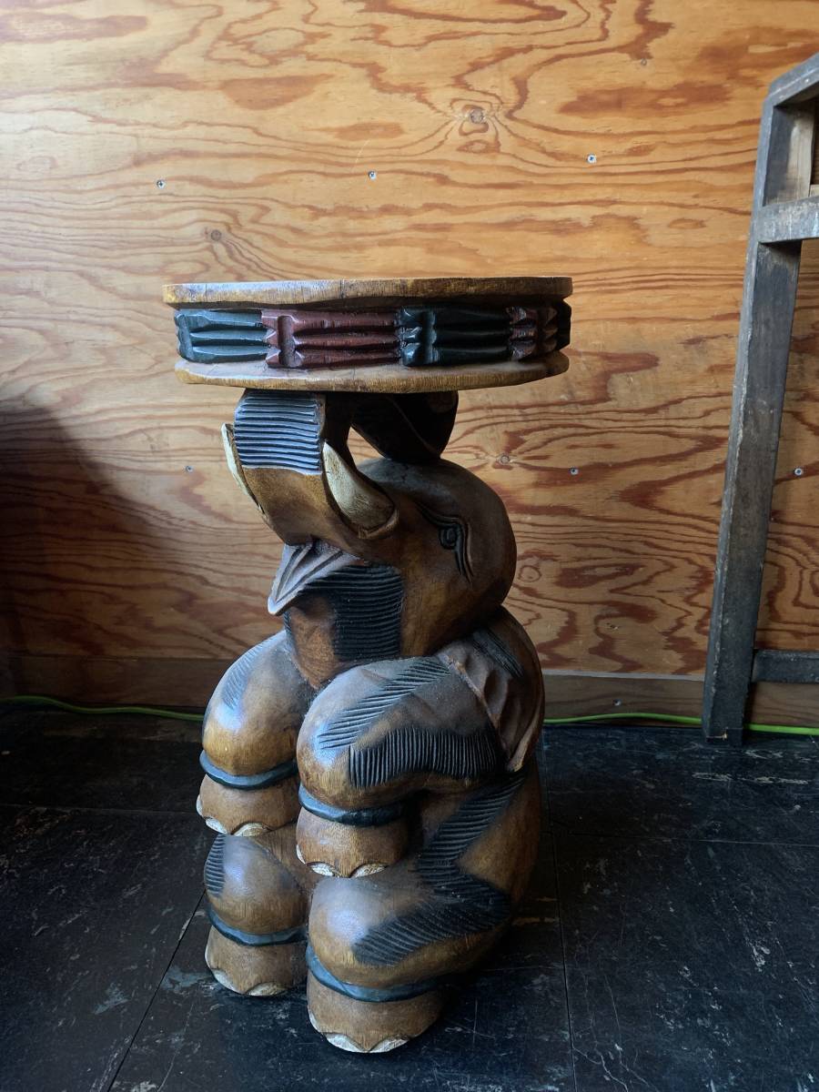 アジアンアンティーク 象嵌 チーク材 サイドテーブル 花台 木彫り彫刻