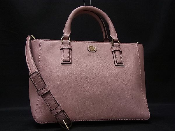 1円 ■美品■ TORY BURCH トリーバーチ ロゴ レザー ゴールド金具 2WAY ショルダー ハンドバッグ 肩掛け レディース ピンク系 I9786bA