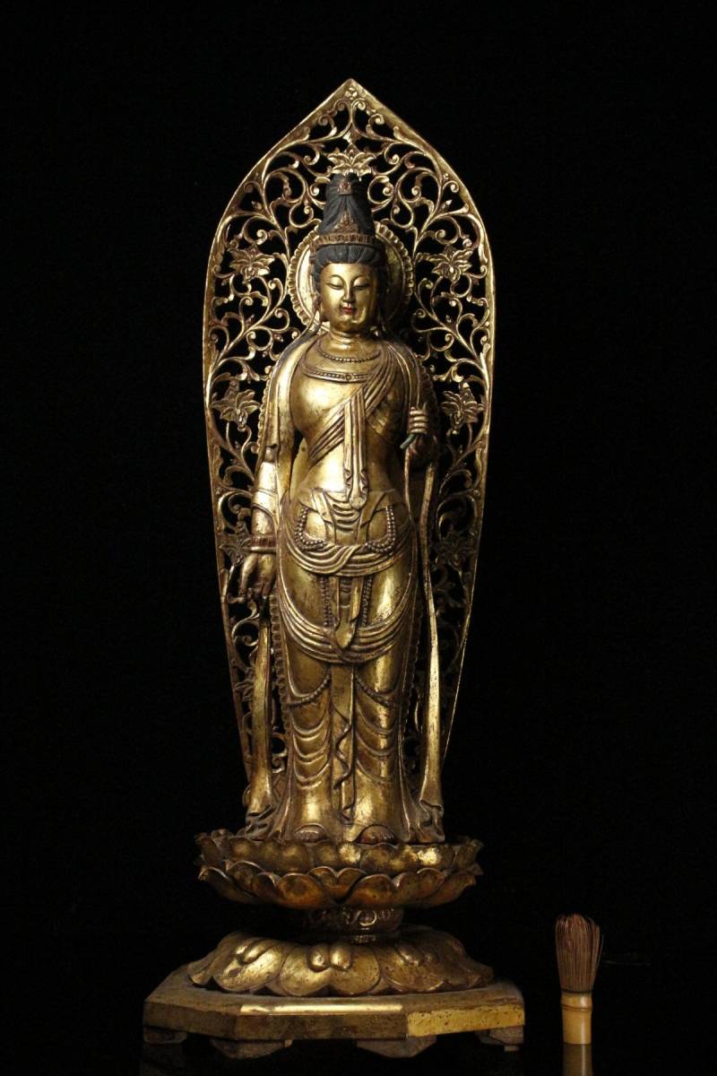 LIG】仏教美術 木彫金彩 観音菩薩立像 特大92㎝ 細密造 寺院収蔵品 [.