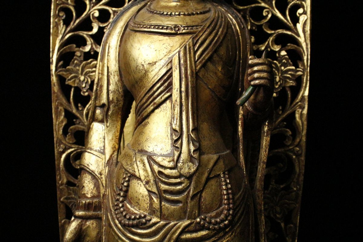 LIG】仏教美術 木彫金彩 観音菩薩立像 特大92㎝ 細密造 寺院収蔵品 [.