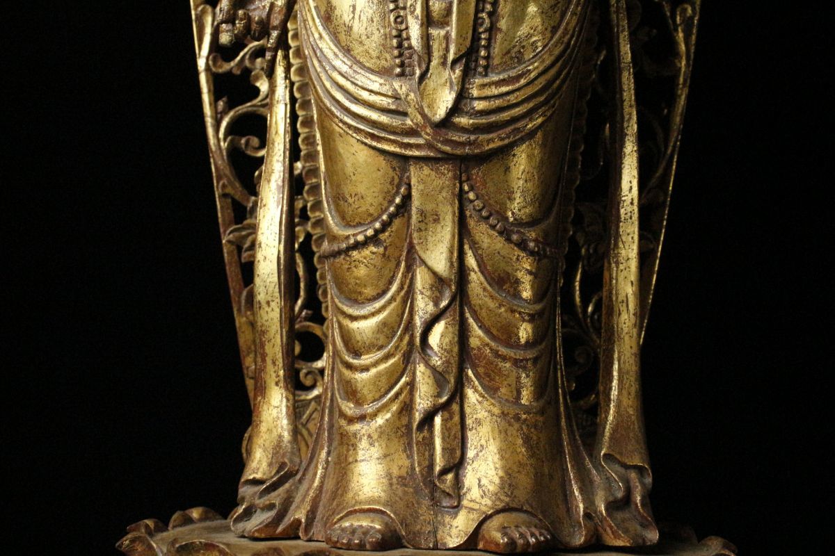LIG】仏教美術 木彫金彩 観音菩薩立像 特大92㎝ 細密造 寺院収蔵品 [.