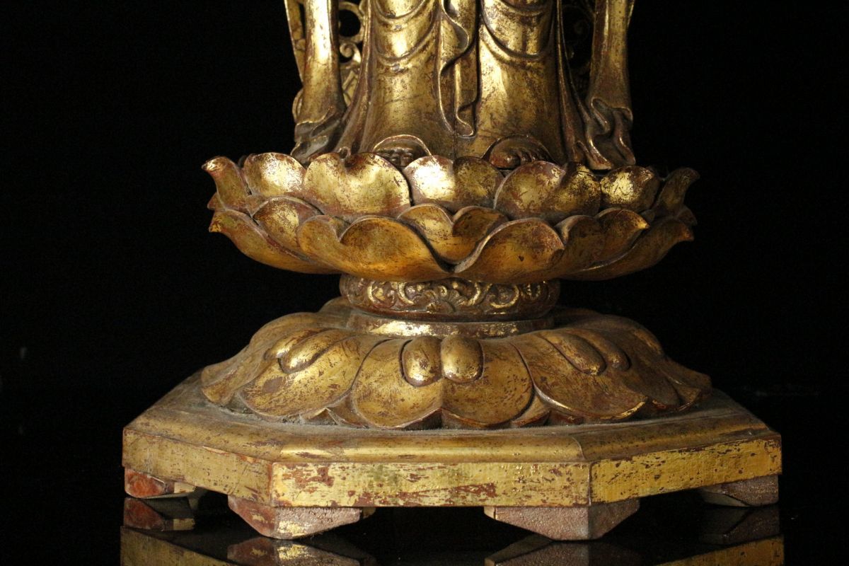 LIG】仏教美術 木彫金彩 観音菩薩立像 特大92㎝ 細密造 寺院収蔵品 [.
