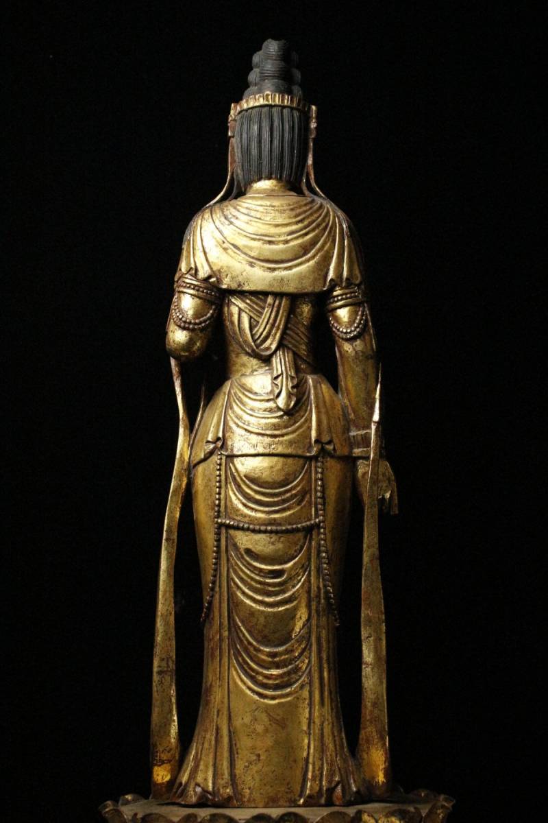 LIG】仏教美術 木彫金彩 観音菩薩立像 特大92㎝ 細密造 寺院収蔵品 [.