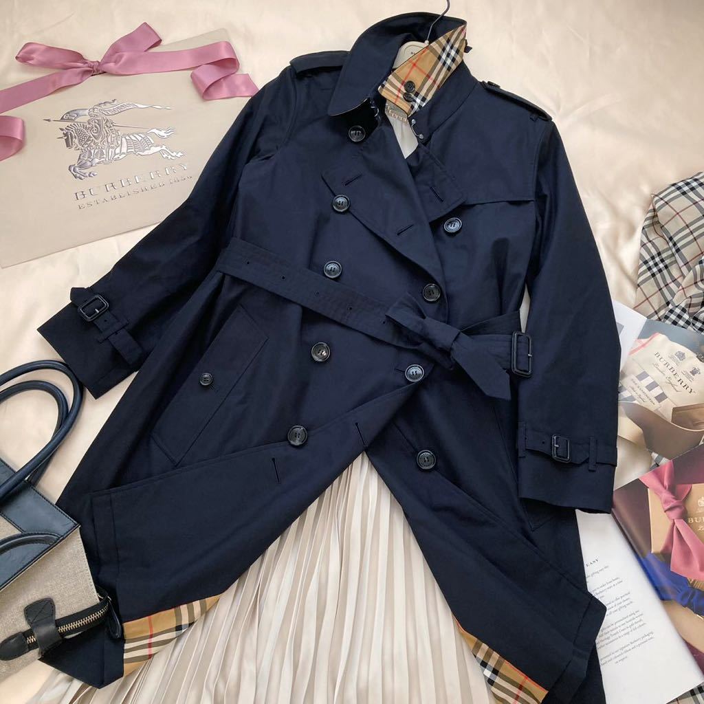 超美品◆バーバリー 大きいサイズ ITA46/48/XL-3L 「ケンジントン」濃紺トレンチコート BURBERRY 現行品近年モデル 英国製 通勤 フォーマル