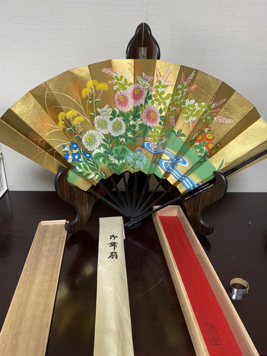 京都 福井十松屋 仕舞扇子 謡曲 未使用品 花柄の金色扇子 扇子