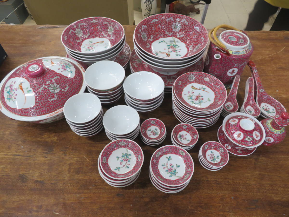 a286 中国 景徳鎮 食器 まとめ売り 粉彩 唐花 窓絵 唐子模様 手描き