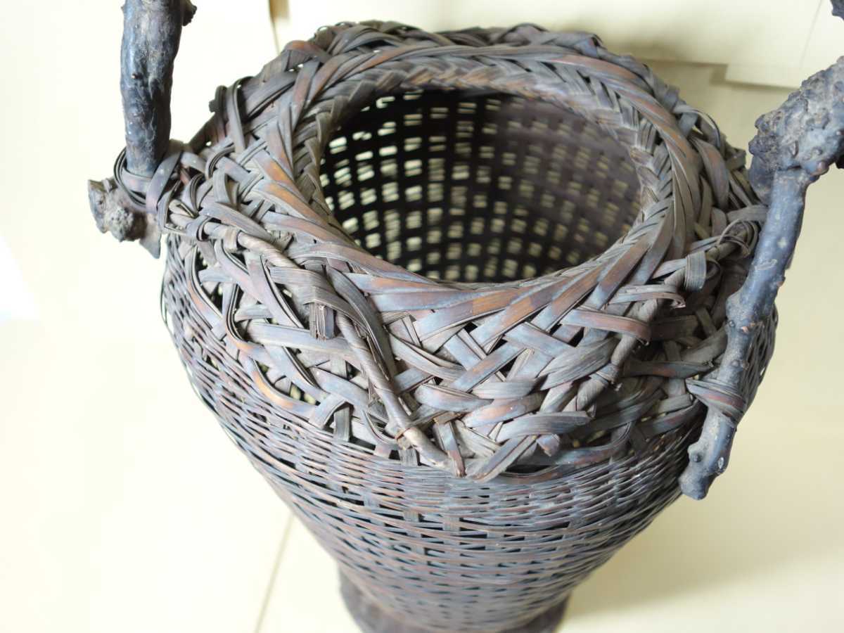 時代 竹編手付花生 高さ約65cm 茶道具 / 煤竹 古竹 網代 花入 花器 花 