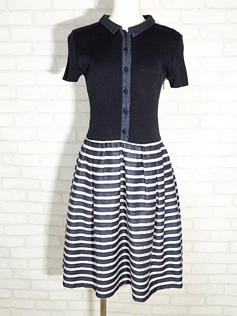 Reneルネ/ニット切替半袖ドッキングワンピース：36/紺白系nf176  