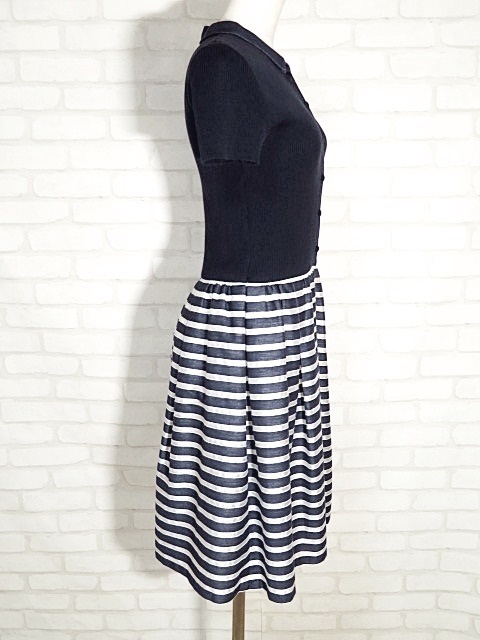 Reneルネ/ニット切替半袖ドッキングワンピース：36/紺白系nf176  