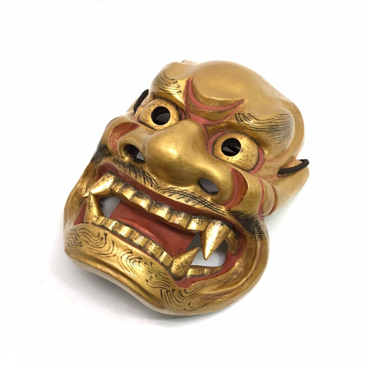 獅子口 能面 - 共箱 狂言面 木彫り 作家物(東洋彫刻 古美術 時代 顰