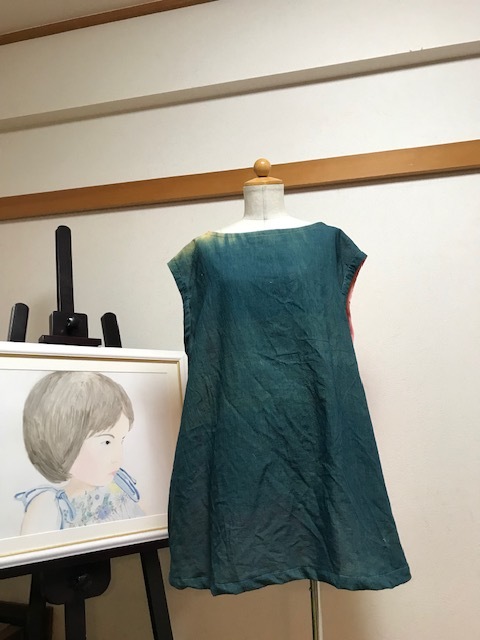 mikiandsyo/自然天然染工房手染め/3204/ 藍染、茜色ムラ染め2種のフレンチのボートネックチュニックワンピース～♪インナーマスク～