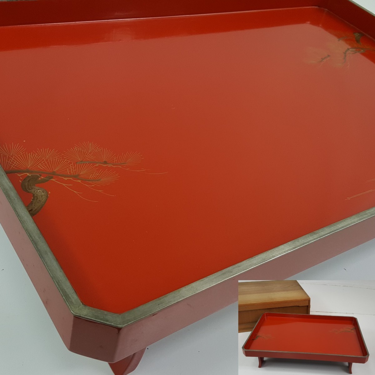 【宝蔵】時代漆器 朱塗沈金松お膳 寺院 34×51.5㎝ 茶懐石道具