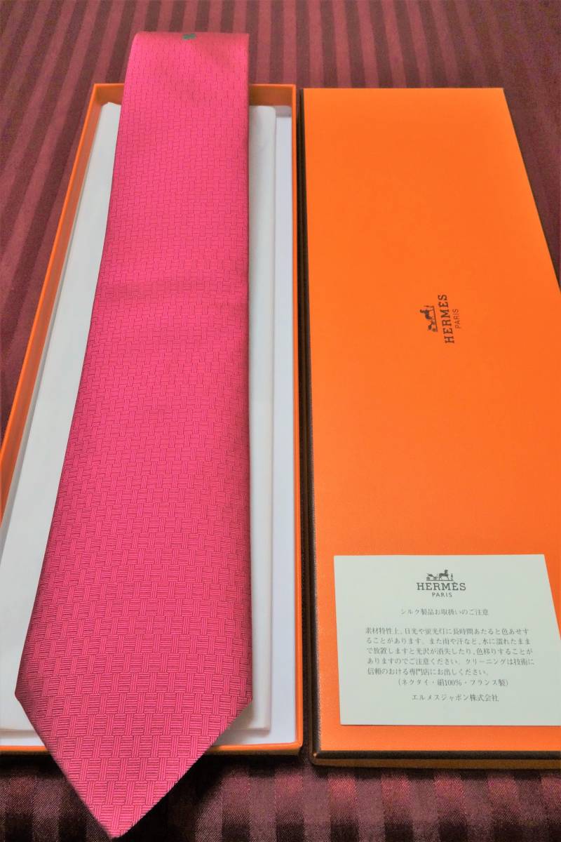 未使用品 エルメスネクタイH柄 ラッキータイ 四葉のクローバー ピンク 