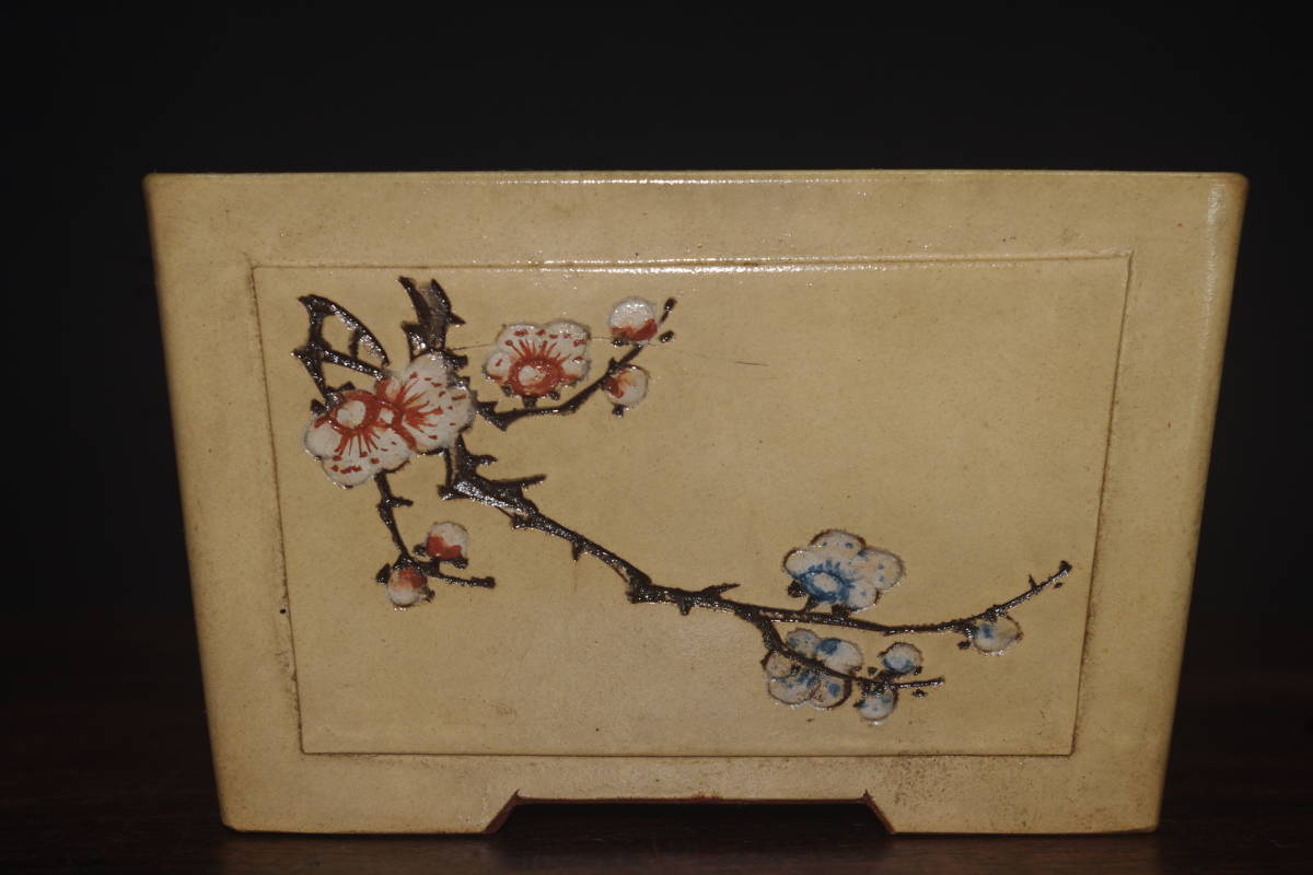 中国宜興 朱泥釘彫正方鉢 中国塗白泥釘彫絵大鉢 ☆盆栽日和☆ 中国美術