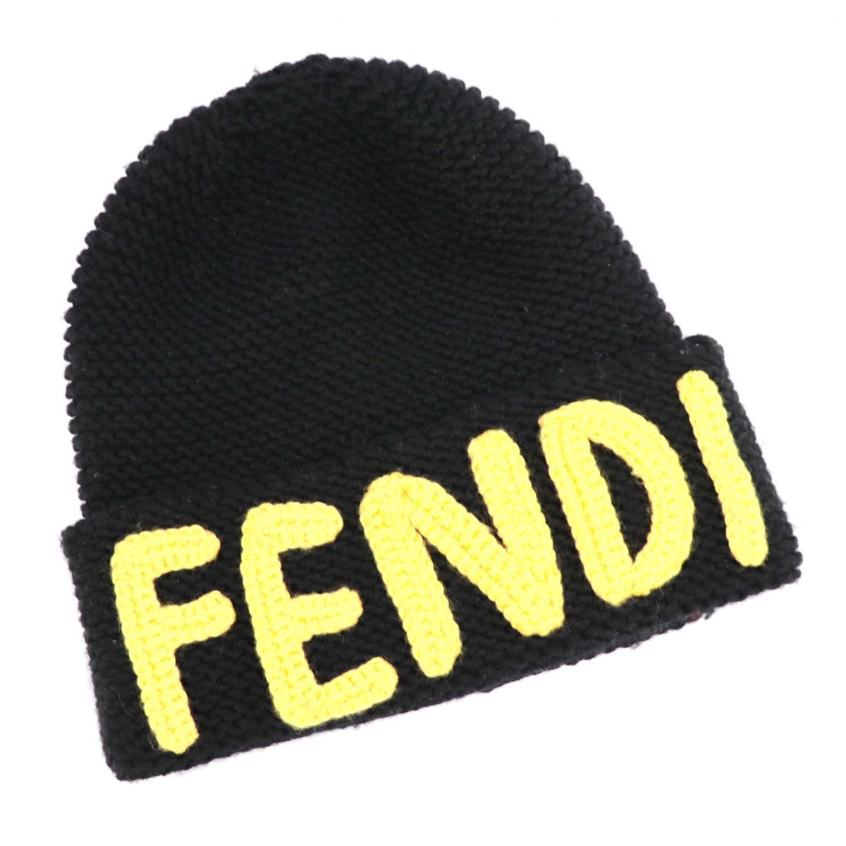 美品 フェンディ ロゴ ニットキャップ 帽子 ユニセックス 黒×黄色 ウール FENDI