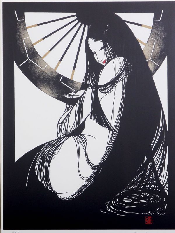 7358 宮田雅之「中世源氏」額装 シルクスクリーン 検:切り絵画家 刀勢
