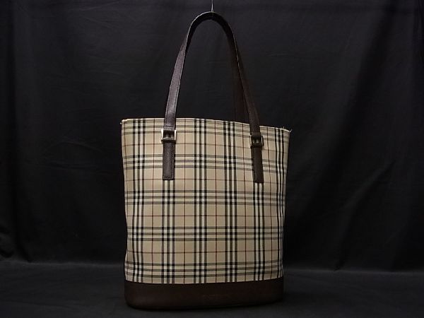 1円 BURBERRY バーバリー ナイロンキャンバス×レザー ノバチェック トートバッグ ショルダー レディース ベージュ系×ブラウン系 T1876WN