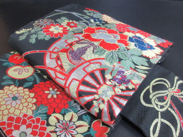☆良品☆ 1円 正絹 アンティーク 大正浪漫 刺繍 花車 四君子 御所車 