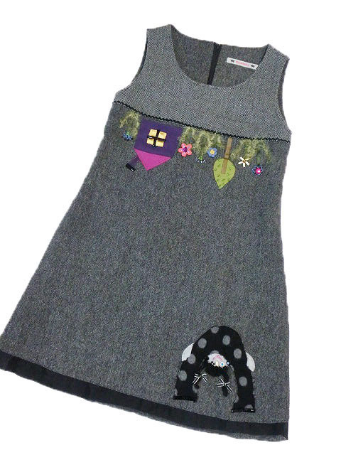 ☆美品☆アルベロベロ/モチーフ使いツイード切替ノースリーブワンピース:黒系yp436