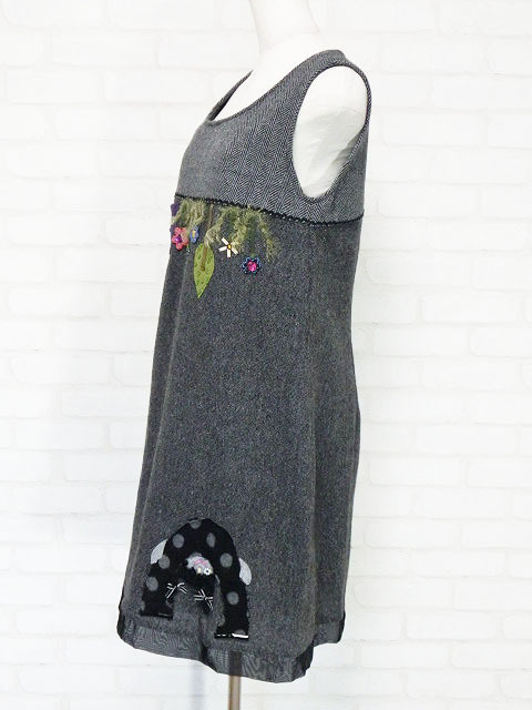 ☆美品☆アルベロベロ/モチーフ使いツイード切替ノースリーブワンピース:黒系yp436