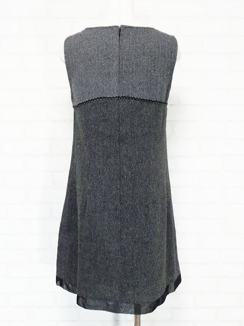 ☆美品☆アルベロベロ/モチーフ使いツイード切替ノースリーブワンピース:黒系yp436