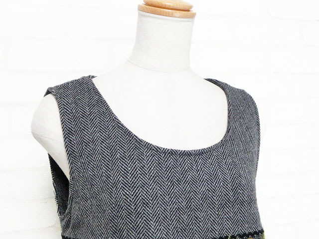 ☆美品☆アルベロベロ/モチーフ使いツイード切替ノースリーブワンピース:黒系yp436
