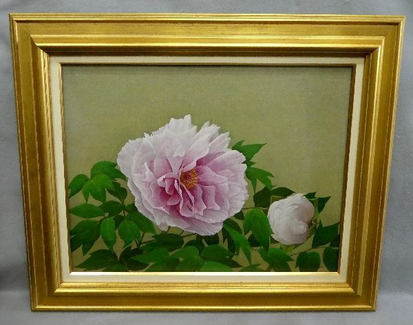 真作】【WISH】久保吉郎「牡丹」日本画 10号 金落款 共シール 〇日展会