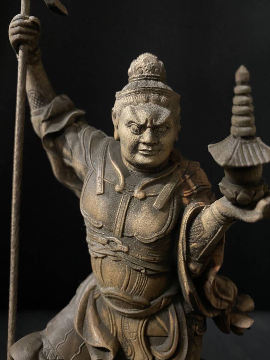 仏教工芸品 総楠製 井波彫刻 極上彫 木彫仏像 毘沙門天立像 美術品