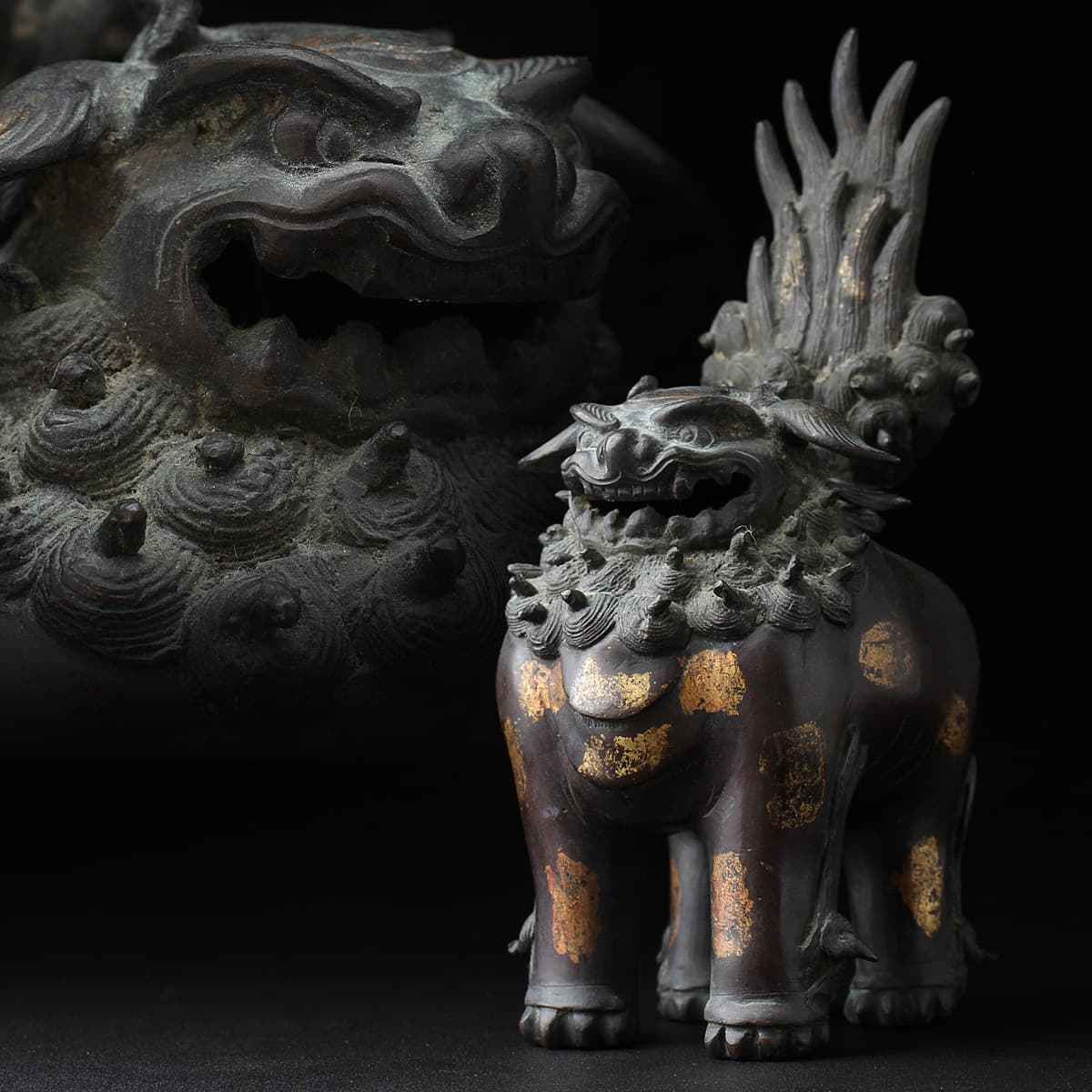 中国美術大明宣徳年製銀象嵌獅子耳四方爐旧家蔵出(I329) 唐物 中国美術