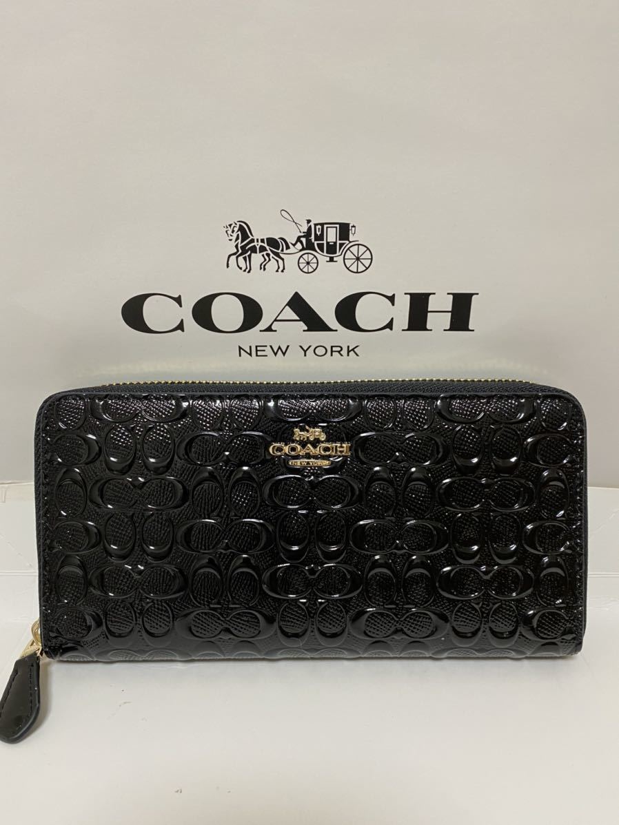 コーチ 長財布 COACH ラウンドファスナー ブラック 最新作 エナメル