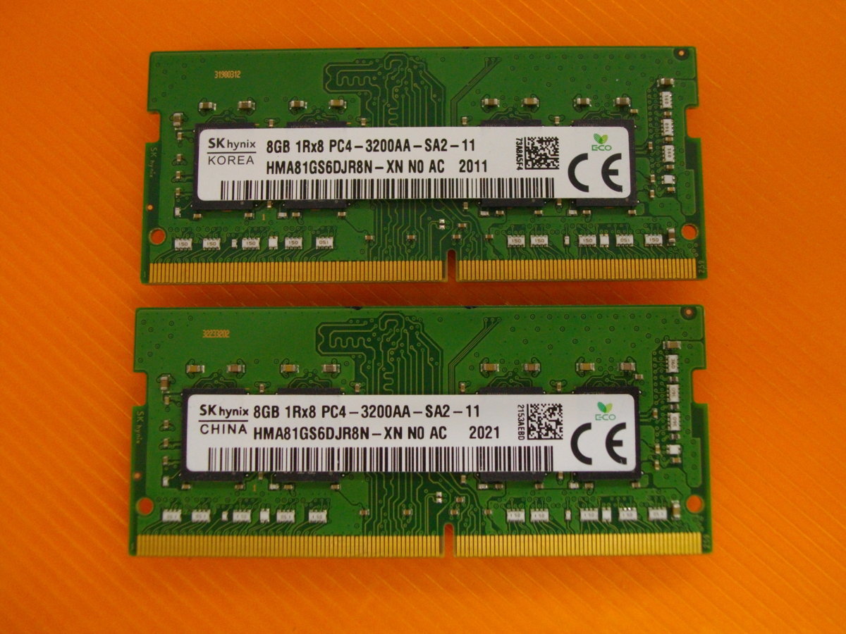 SKhynix NOTE用 8GB PC4-3200AA(DDR4-25600) MM 2枚SET 動作OK 郵便可