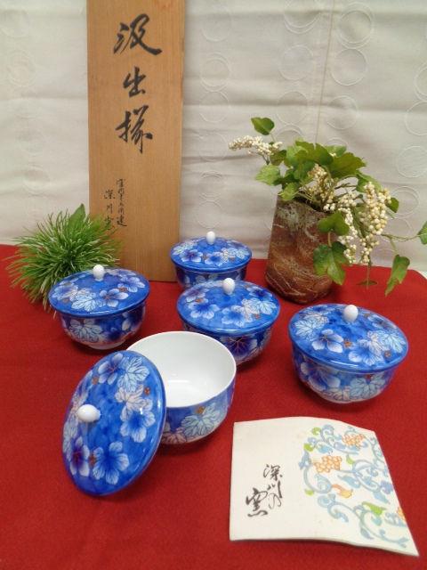 美術有田焼 深川製 吸出揃 瑠璃葡萄柄 宮内庁御用達 蓋付茶器 未使用品