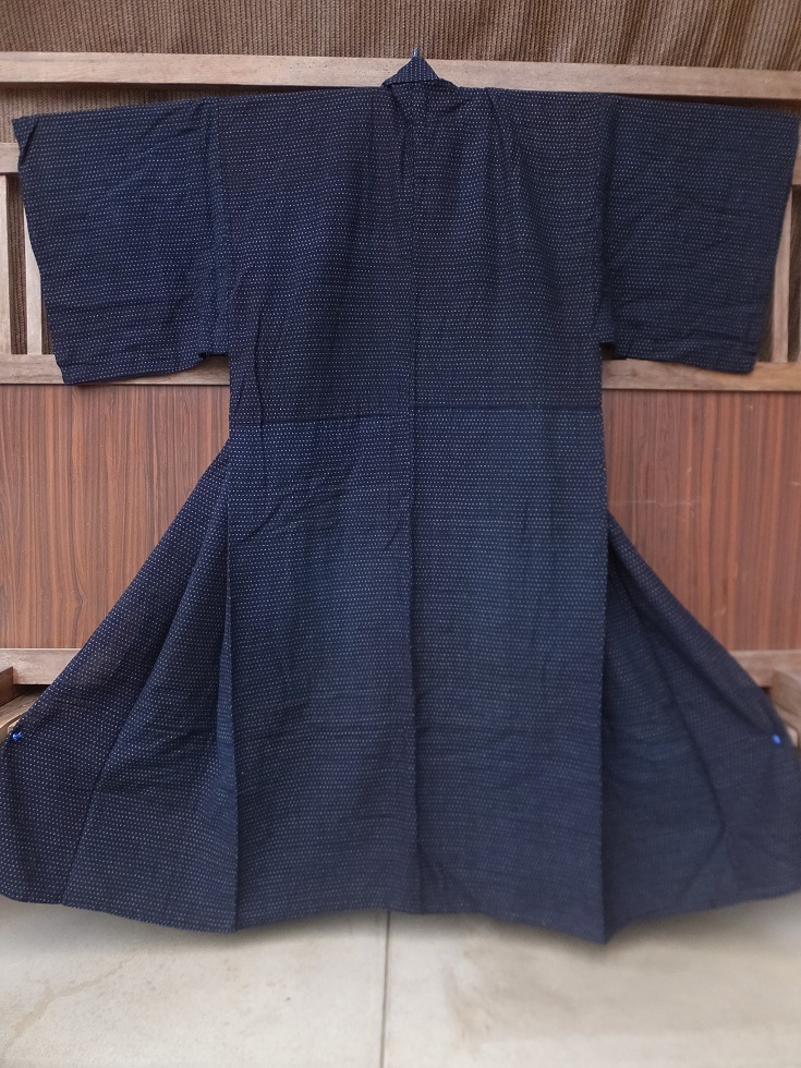 木綿藍染蚊絣 着物 中地厚 中あて付き 着物リメイク素材 古布 和綿