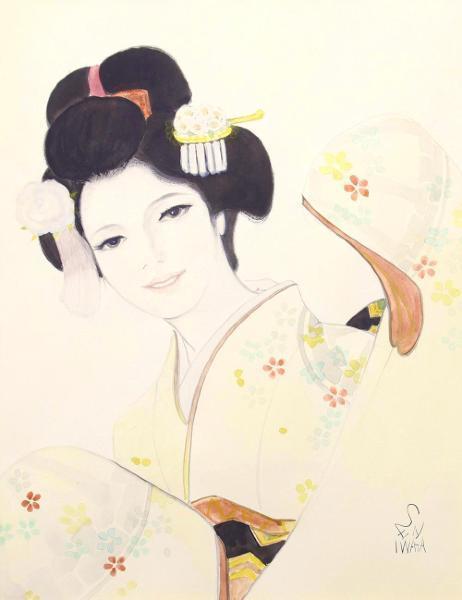 真作 WISH 岩田専太郎 初姿 日本画 6号 着物美人 〇美人挿絵巨匠 師