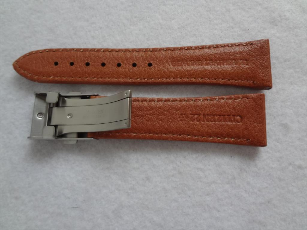 シチズン Citizen純正 腕時計ベルト 22mm AS2031-14W 用レザーバンド 茶色 茶 ブラウン/ 白ステッチ プッシュ式Dバックル付