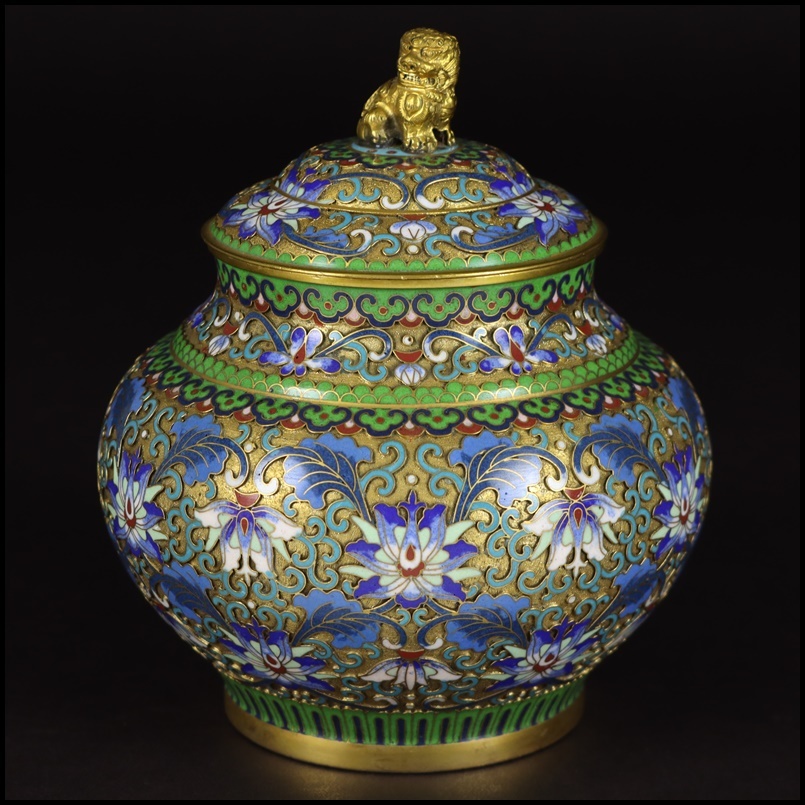 中国美術 景泰藍 古銅製 七宝細工掏絲琺瑯 獅子摘唐草花文香炉 香爐