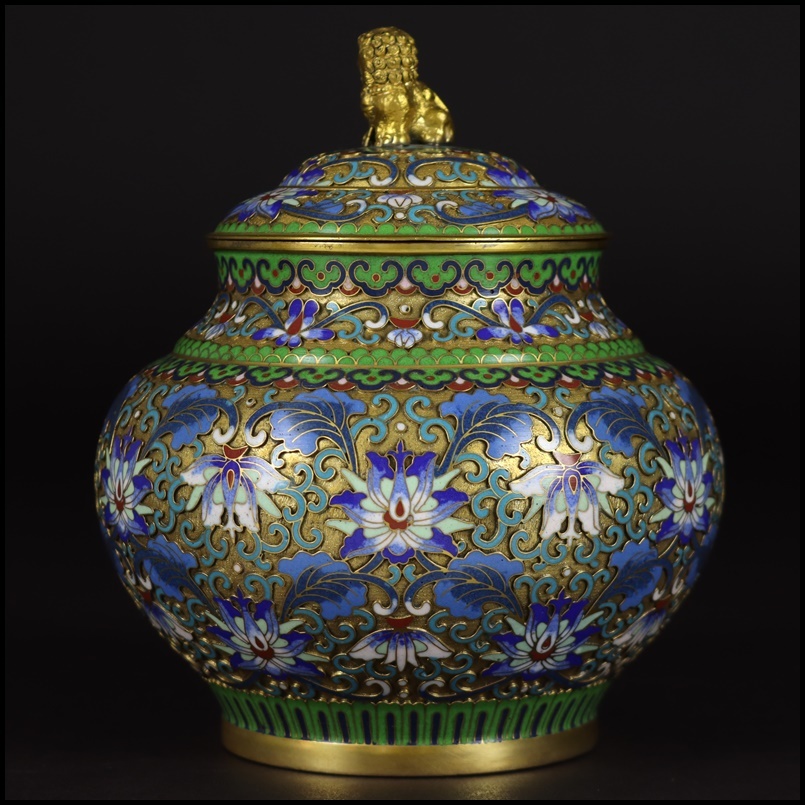 中国美術 景泰藍 古銅製 七宝細工掏絲琺瑯 獅子摘唐草花文香炉 香爐