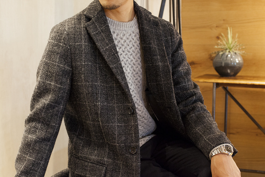 美品 定価￥51840 BEAUTY&YOUTH ビューティアンドユース HARRIS TWEED ハリスツイード チェスター コート M グレー チェック ハリスツイード UNITED 極 キャメルミックス 〈洗える〉 タートルネックニット