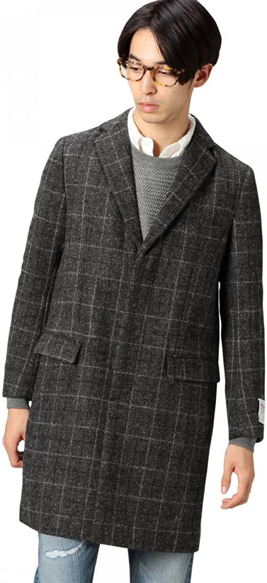 美品 定価￥51840 BEAUTY&YOUTH ビューティアンドユース HARRIS TWEED ハリスツイード チェスター コート M グレー チェック ハリスツイード UNITED 極 キャメルミックス 〈洗える〉 タートルネックニット