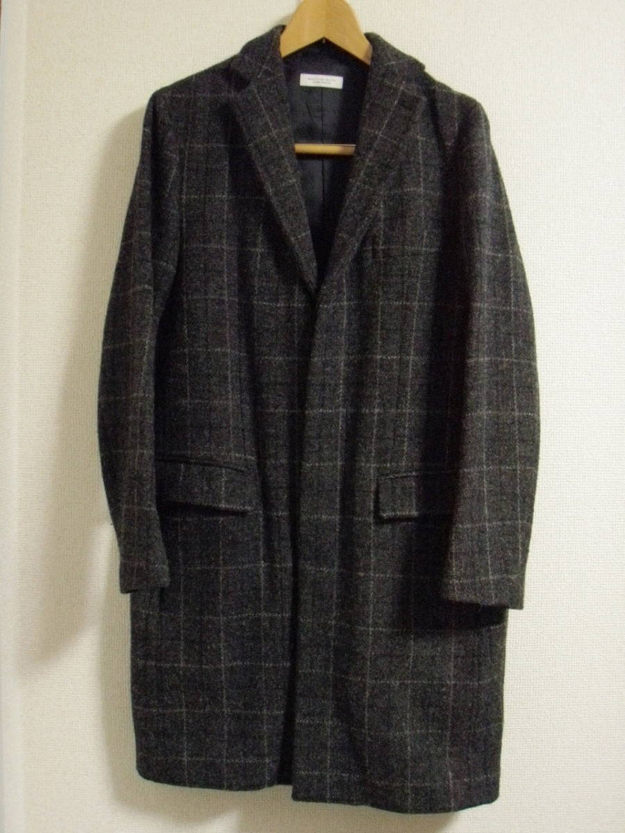 美品 定価￥51840 BEAUTY&YOUTH ビューティアンドユース HARRIS TWEED ハリスツイード チェスター コート M グレー チェック ハリスツイード UNITED 極 キャメルミックス 〈洗える〉 タートルネックニット