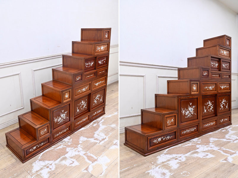 KN17 定価110万円 本花梨 総無垢 螺鈿細工 大型 両面 階段箪笥 三分割  